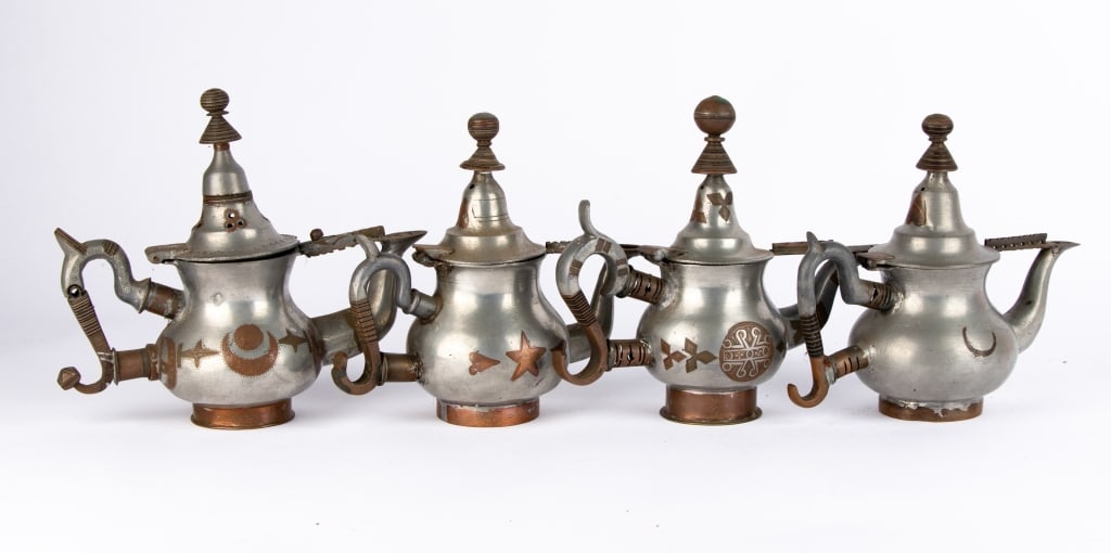 FIVE AFRICAN TUAREG PEWTER TEAPOTS - 4