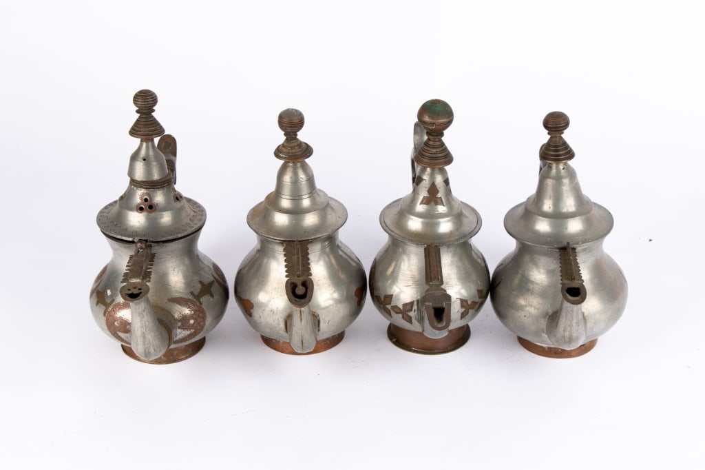 FIVE AFRICAN TUAREG PEWTER TEAPOTS - 5