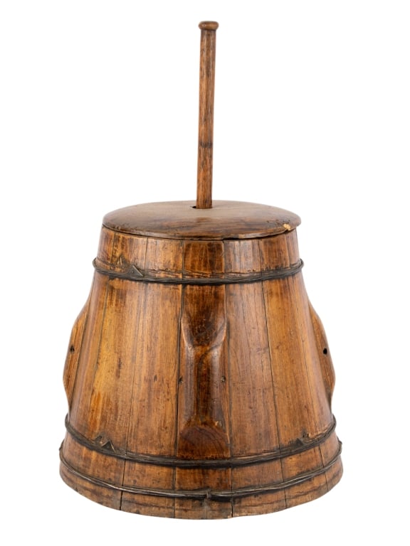 CHINESE BUTTER CHURN: Chinese butter churn. Approximate dimensions: h. 24", dia. 17" Disclaimer: Participating bidders must have a credit card on file with LiveAuctioneers in order for their bidding registration to be