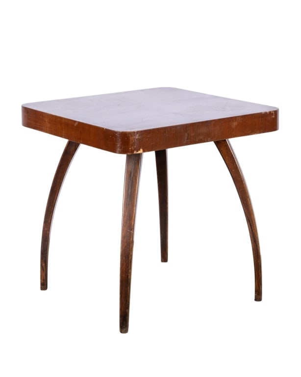 JINDRICH HALABALA SQUARE WOODEN SIDE TABLE: Jindrich Halabala square wooden side table with spider legs. Tagged underneath. Approximate dimensions: h. 25.25", w. 25", d. 25" Disclaimer: Participating bidders must have a credit card on file