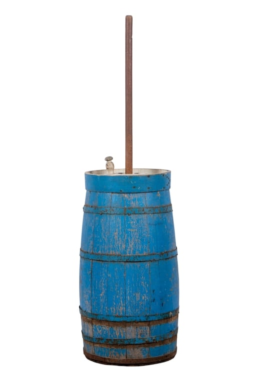 VINTAGE WOODEN BUTTER CHURN: Vintage wooden butter churn painted blue. Approximate dimensions: h. 50", w. 13", d. 13" Disclaimer: Participating bidders must have a credit card on file with LiveAuctioneers in order for their