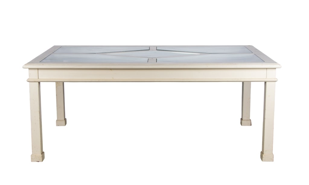 CONTEMPORARY DINING TABLE WITH 5 GLASS INSERTS: Contemporary dining table with 5 glass inserts, carved filigree and acanthus motif frame with mirrors and carved legs. Approximate dimensions: h. 31", w. 47", d. 44" Disclaimer: Participating bidders