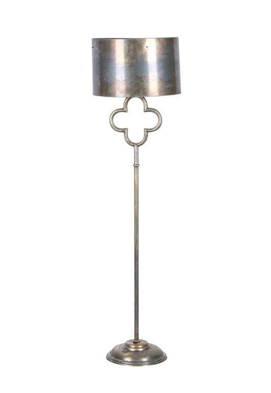 CONTEMPORARY METAL FLOOR LAMP: Contemporary metal floor lamp with metal shade and clover motif detail. Approximate dimensions: h. 59.5", w. 16.5" Disclaimer: Participating bidders must have a credit card on file with