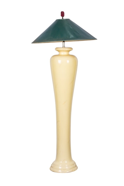 MID CENTURY RESIN FLOOR LAMP: Mid-century resin floor lamp with green paper shade. Approximate dimensions: h. 60", dia. 11" Disclaimer: Participating bidders must have a credit card on file with LiveAuctioneers in order for their