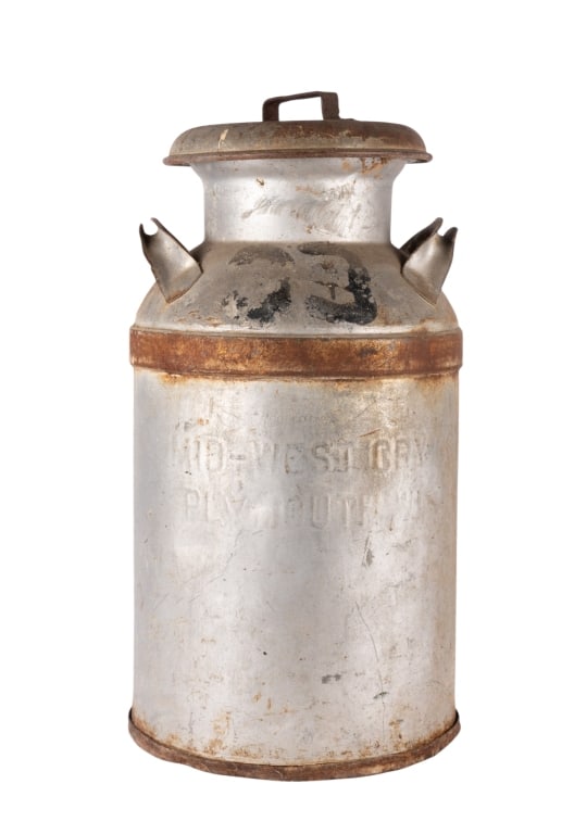 VINTAGE METAL MILK CAN: Vintage metal milk can. Approximate dimensions: h. 26", dia. 14" Disclaimer: Participating bidders must have a credit card on file with LiveAuctioneers in order for their bidding registration to be