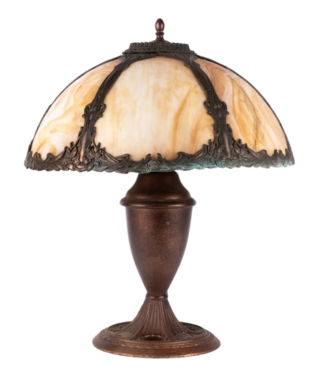VINTAGE SLAG GLASS TABLE LAMP: Vintage slag glass table lamp with metal base. Approximate dimensions: h. 20", dia. 17" Disclaimer: Participating bidders must have a credit card on file with LiveAuctioneers in order for their biddin