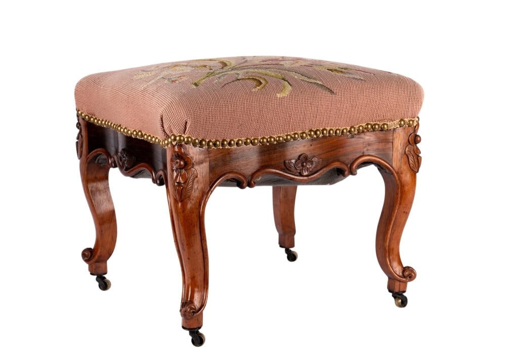 LOUIS XV STYLE NEEDLEPOINT STOOL: Louis XV style needlepoint stool with carved frame. Approximate dimensions: h. 16", w. 16", d. 16" Disclaimer: Participating bidders must have a credit card on file with LiveAuctioneers in order for
