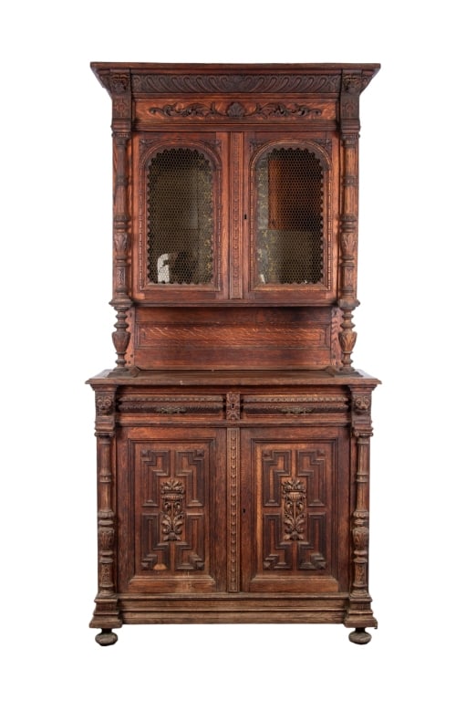 ANTIQUE RENAISSANCE REVIVAL CARVED BUFFET: Antique Renaissance Revival carved buffet with bun feet, wire mesh display, and mirror. Approximate dimensions: h. 91.5", w. 48", d. 21" Disclaimer: Participating bidders must have a credit card on