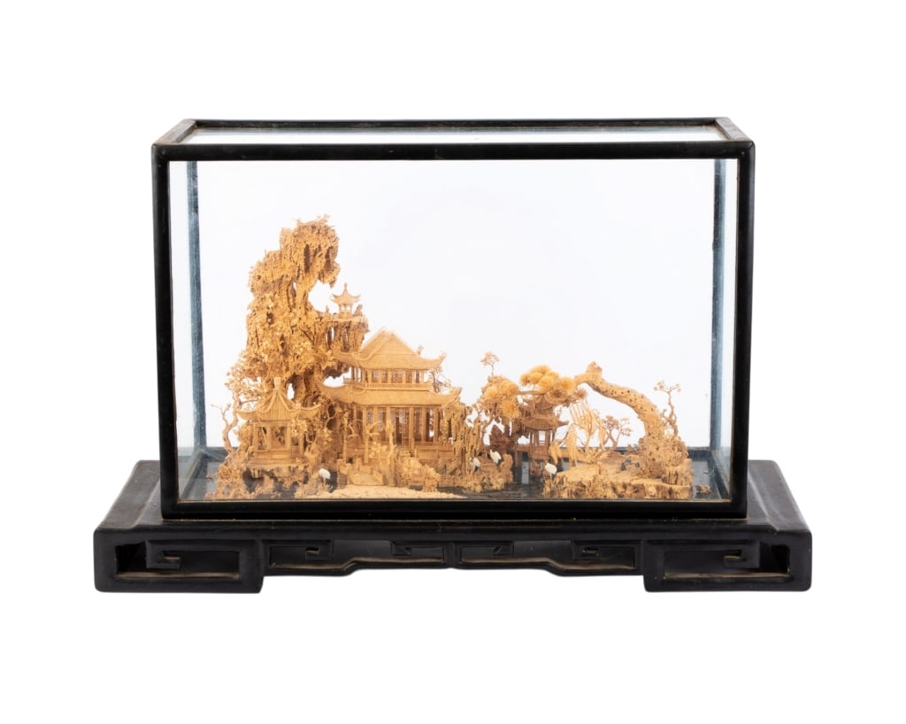 CHINESE CORK DIORAMA: Chinese cork diorama. Approximate dimensions: h. 13.75", w. 22", d. 9" Disclaimer: Participating bidders must have a credit card on file with LiveAuctioneers in order for their bidding registration