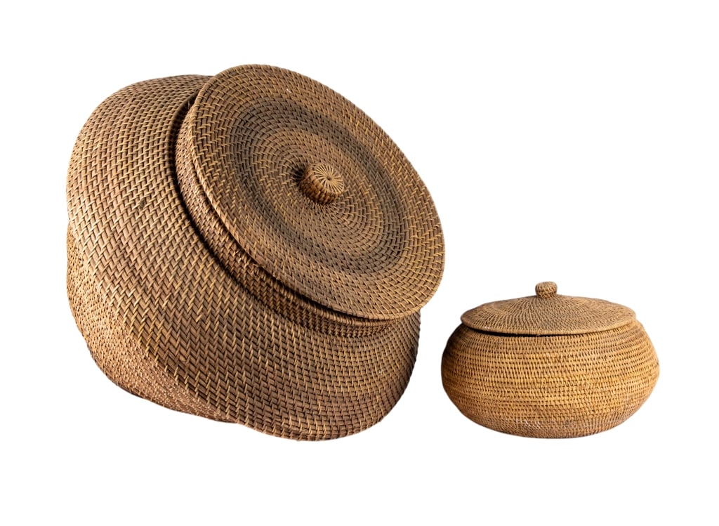 TWO WOVEN COILED LIDDED BASKETS (1 of 5)