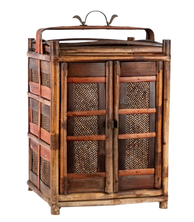 LARGE CHINESE BAMBOO & RATTAN BASKET: Large Chinese bamboo and rattan basket. Approximate dimensions: h. 22", w. 15", d. 14" Disclaimer: Participating bidders must have a credit card on file with LiveAuctioneers in order for their