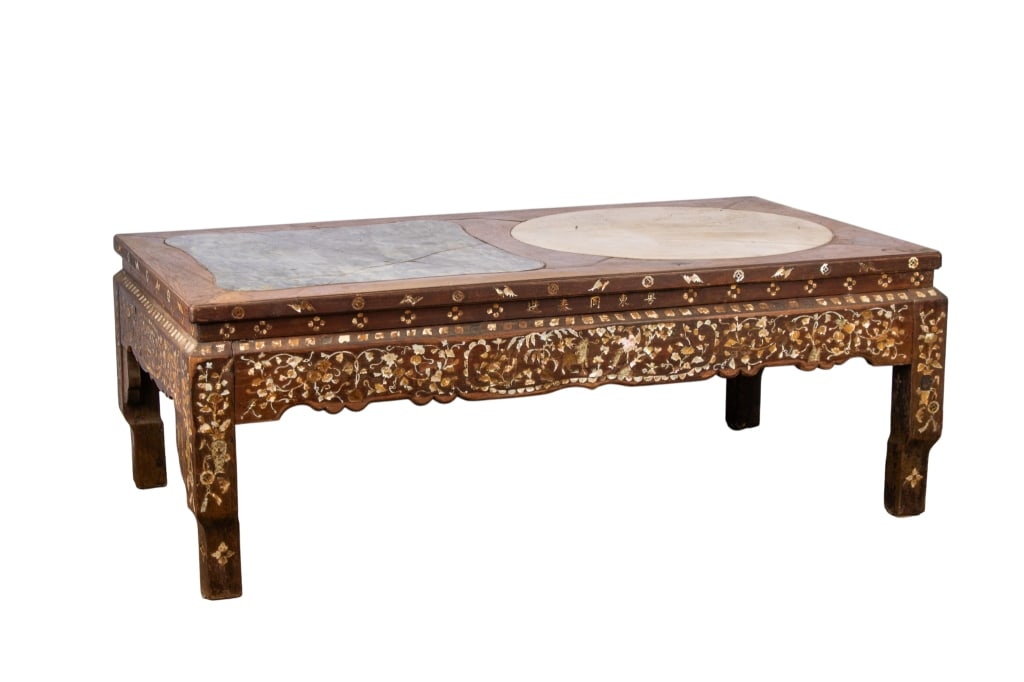 MID-CENTURY CHINESE COFFEE TABLE: Mid-century Chinese coffee table with square and round inset marble accents and mother of pearl inlay. Approximate dimensions: h. 17.5", w. 47.75", d. 26" Disclaimer: Participating bidders must have