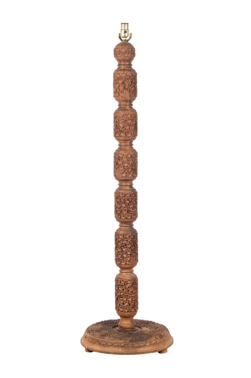 VINTAGE HAND-CARVED FLOOR LAMP: Vintage hand-carved floor lamp with intricate floral motif carvings throughout. Approximate dimensions: h. 54", dia. 14" Disclaimer: Participating bidders must have a credit card on file with