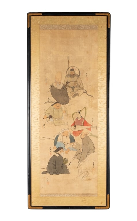 PANTHEON OF CHINESE GODS, WATERCOLOR ON SILK: 20th century. Pantheon of Chinese gods - watercolor on silk, apparently unsigned. Framed. Approximate dimensions: h. 54", w. 23", d. 0.75" Disclaimer: Participating bidders must have a credit card on