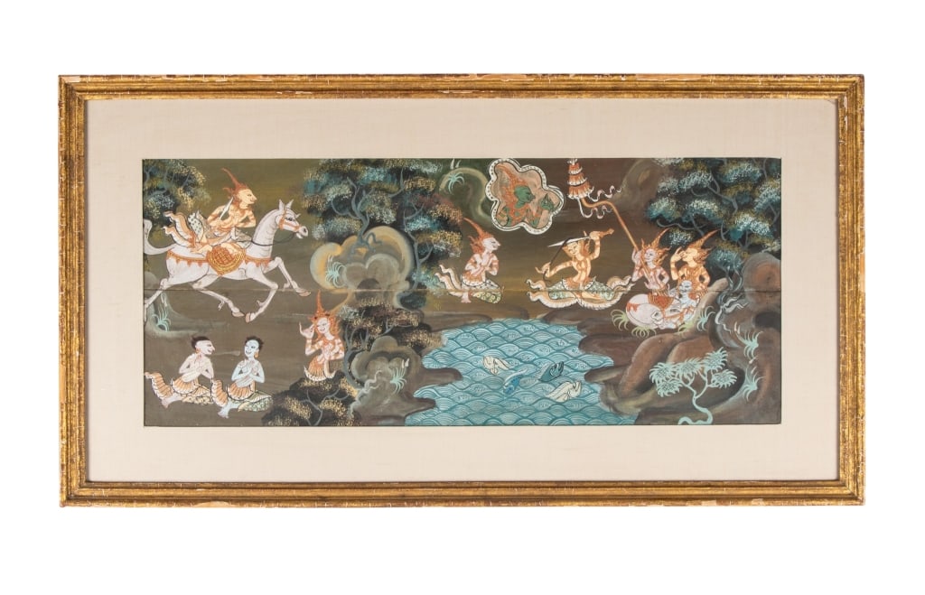 SOUTHEAST ASIAN MIXED MEDIA PAINTING: Southeast Asian mixed media painting. Approximate dimensions: h. 17.5", w. 32.25", d. 0.75" Disclaimer: Participating bidders must have a credit card on file with LiveAuctioneers in order for their