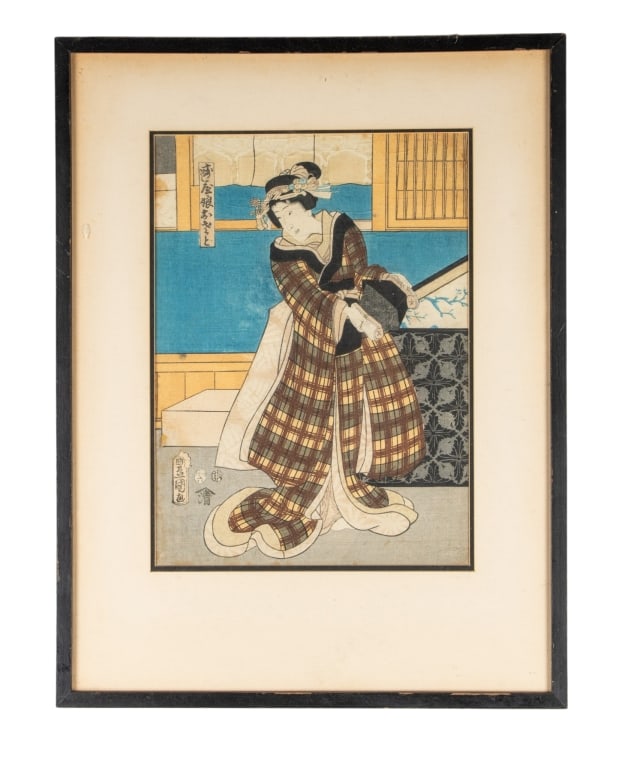 UTAGAWA KUNISADA JAPANESE WOODBLOCK: Utagawa Kunisada Japanese woodblock. Approximate dimensions: h. 20.75", w. 16", d. 0.5" Disclaimer: Participating bidders must have a credit card on file with LiveAuctioneers in order for their biddin