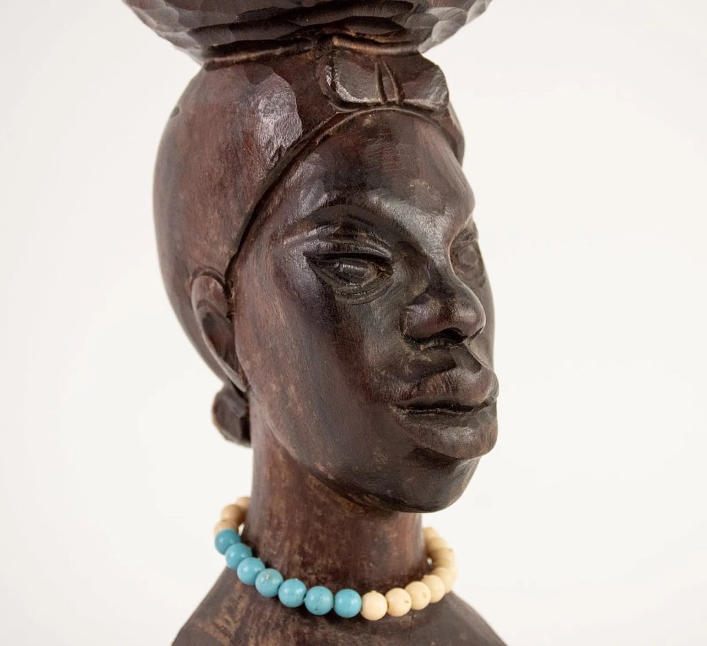 AFRICAN HAND CARVED WOOD BUST OF A WOMAN - 6