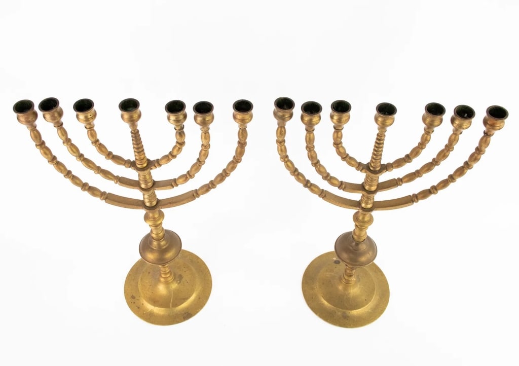 PAIR OF BRASS SEVEN LIGHT MENORAHS - 2
