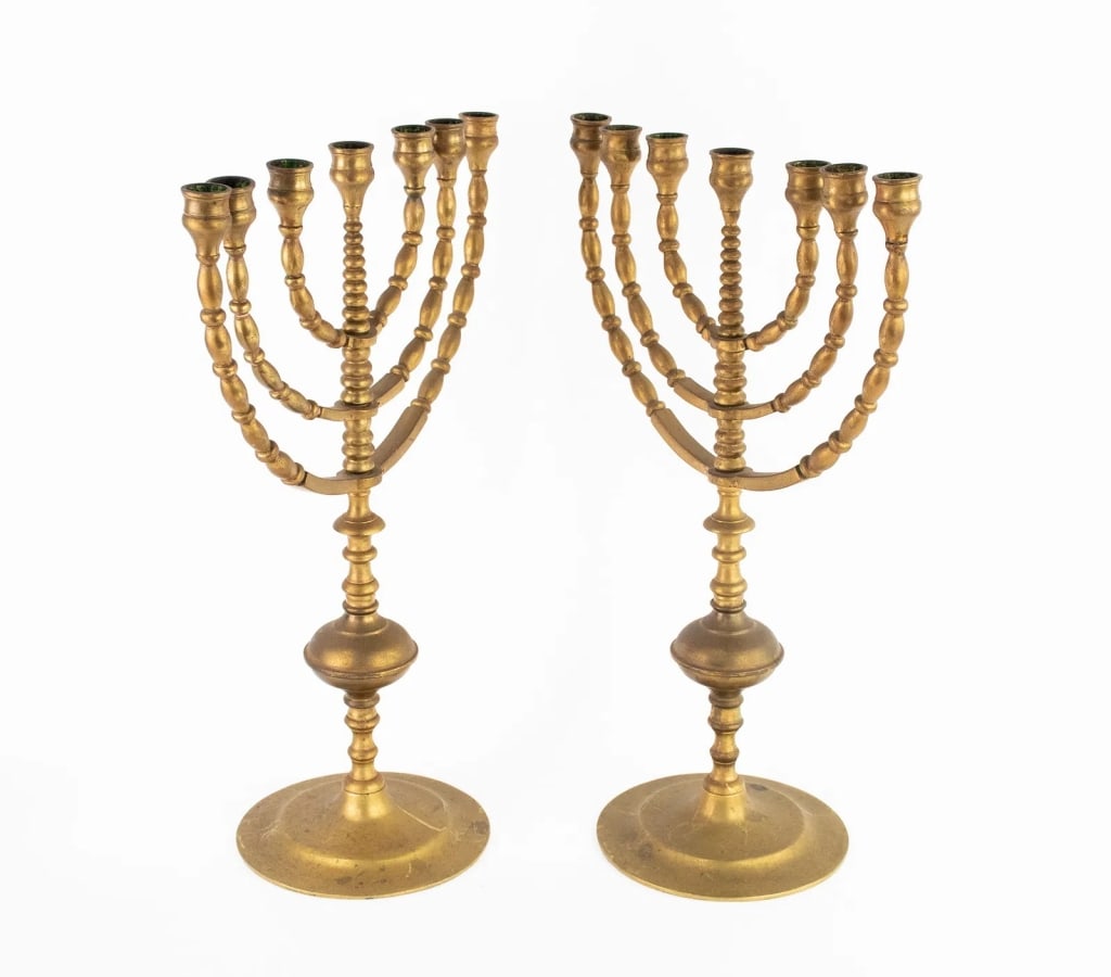 PAIR OF BRASS SEVEN LIGHT MENORAHS - 4