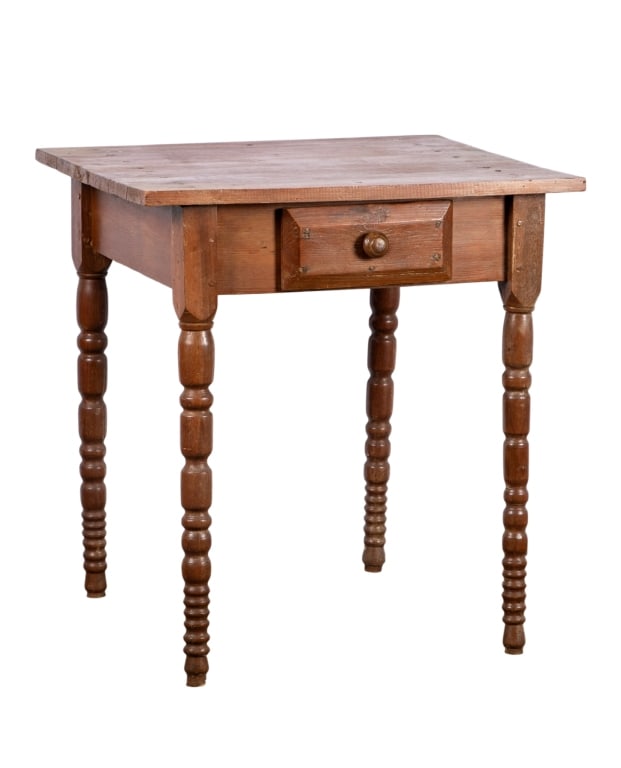 AMERICAN SHERATON STYLE SIDE TABLE: one drawer, turned legs Approximate dimensions: h. 28", w. 26", d. 22" Disclaimer: Participating bidders must have a credit card on file with LiveAuctioneers in order for their bidding registration to