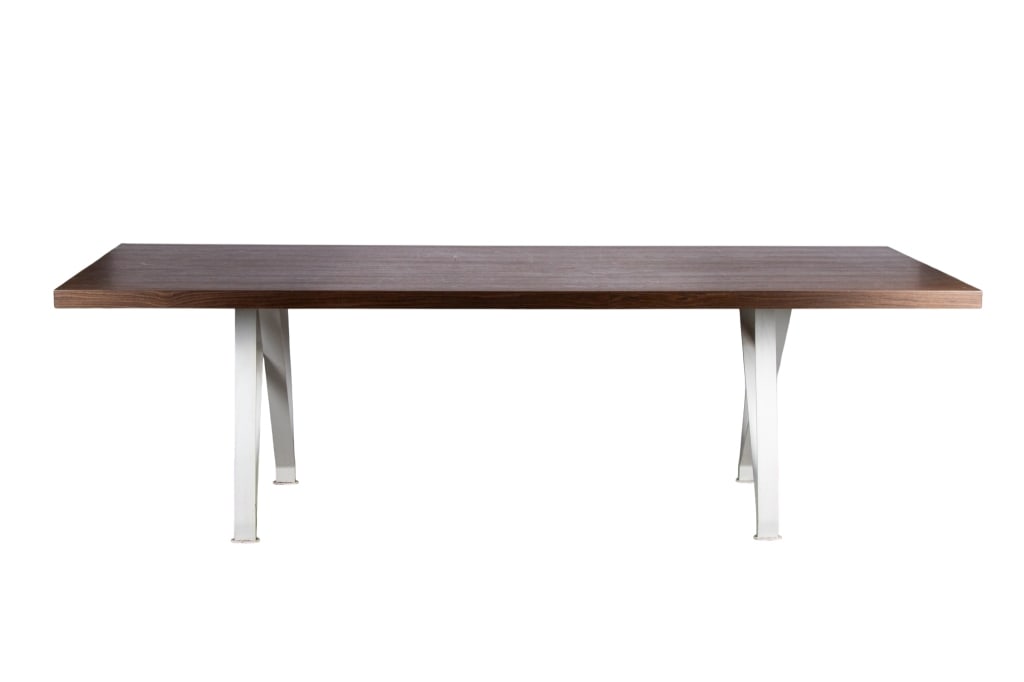 MODERN FARMHOUSE STYLE DINING TABLE: with metal base Approximate dimensions: h. 29.5", w. 98.5", d. 41.5" Disclaimer: Participating bidders must have a credit card on file with LiveAuctioneers in order for their bidding registration to