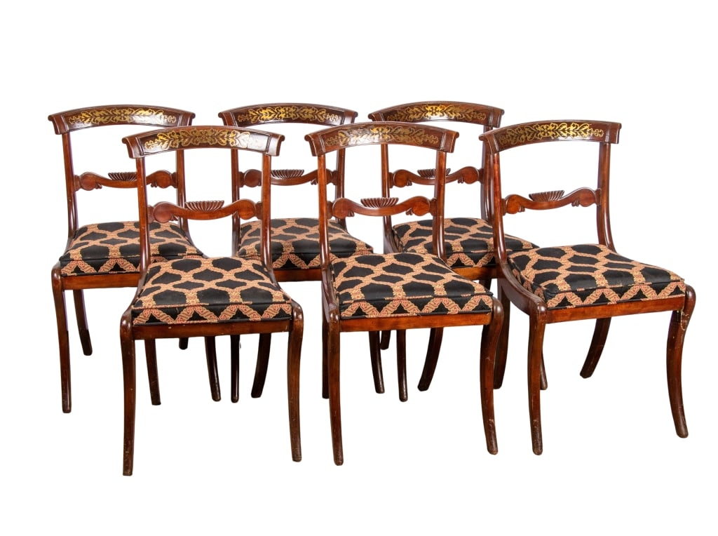 SET OF 6 REGENCY STYLE DINING CHAIRS: Set of 6 Regency style dining chairs with hand-painted details and carved backs. Approximate dimensions: h. 33", w. 18", d. 21" Disclaimer: Participating bidders must have a credit card on file with