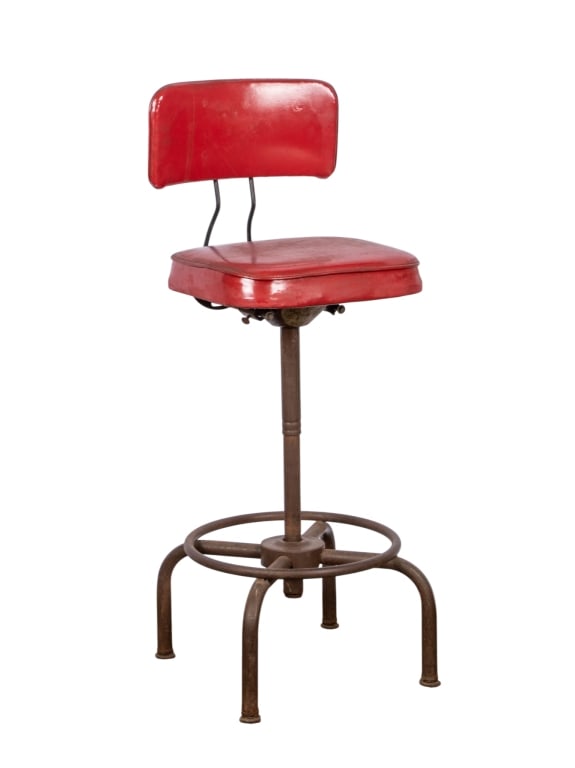 RED INDUSTRIAL LEATHER SWIVEL BAR STOOL: Red industrial leather swivel bar stool. Approximate dimensions: h. 44.5", w. 15.5", d. 15.5" Disclaimer: Participating bidders must have a credit card on file with LiveAuctioneers in order for their