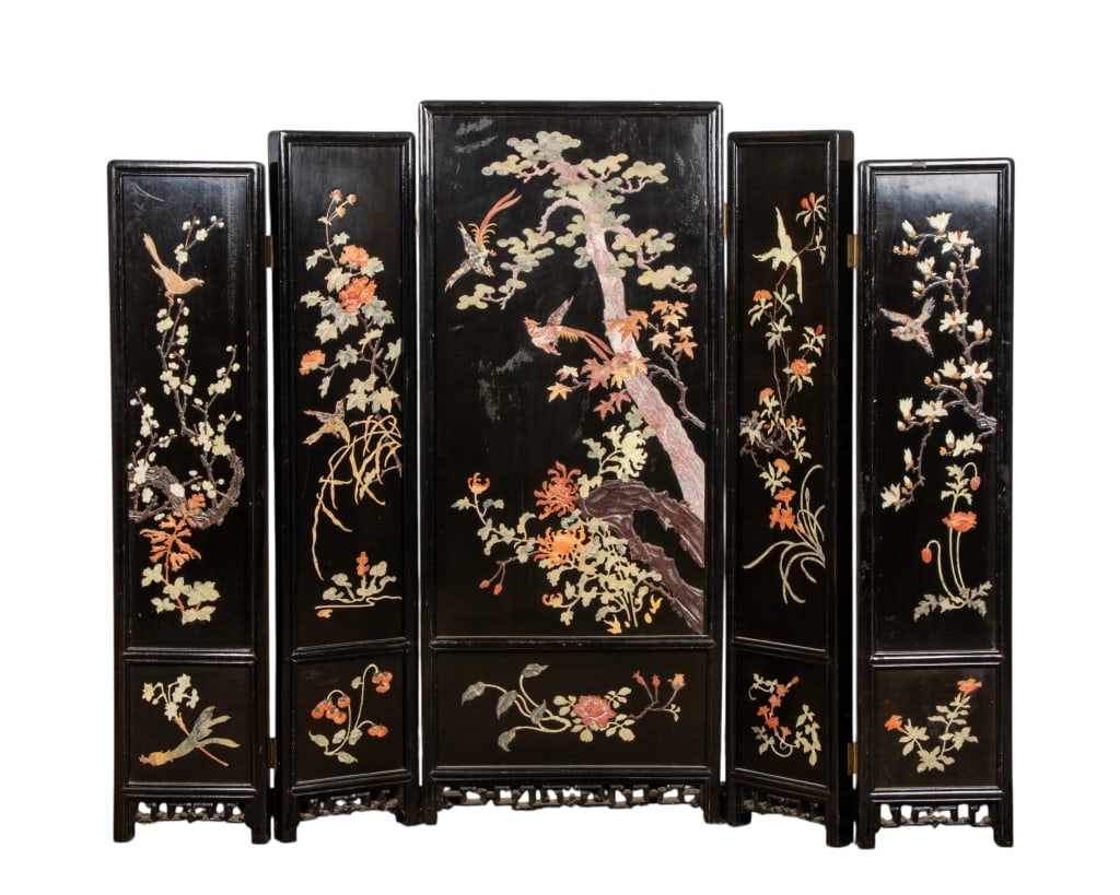 CHINESE 5 PANEL HARDSTONE STAGGERED SCREEN: Chinese 5-panel hardstone staggered screen with bird and floral motif. Approximate dimensions: h. 47.25", w. 58", d. 1.5" Disclaimer: Participating bidders must have a credit card on file with LiveAuc