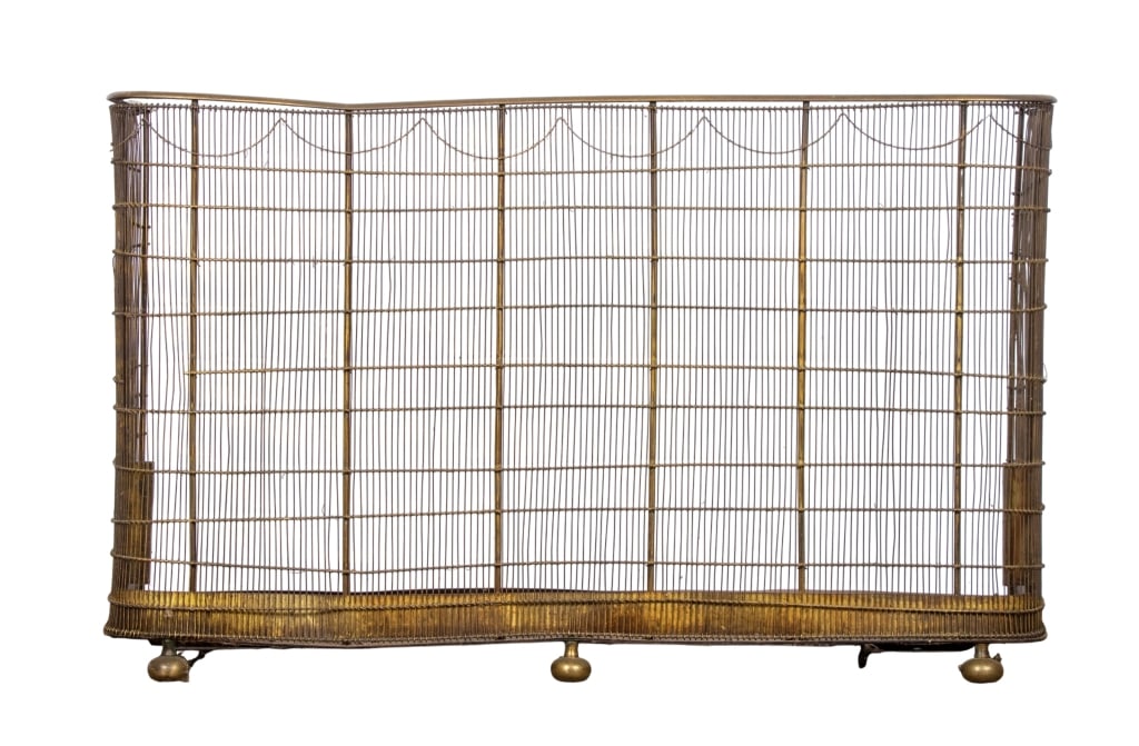 ENGLISH REGENCY STYLE FIRE GUARD: English Regency style fire guard with bun feet. Approximate dimensions: h. 28", w. 45.5", d. 12" Disclaimer: Participating bidders must have a credit card on file with LiveAuctioneers in order for
