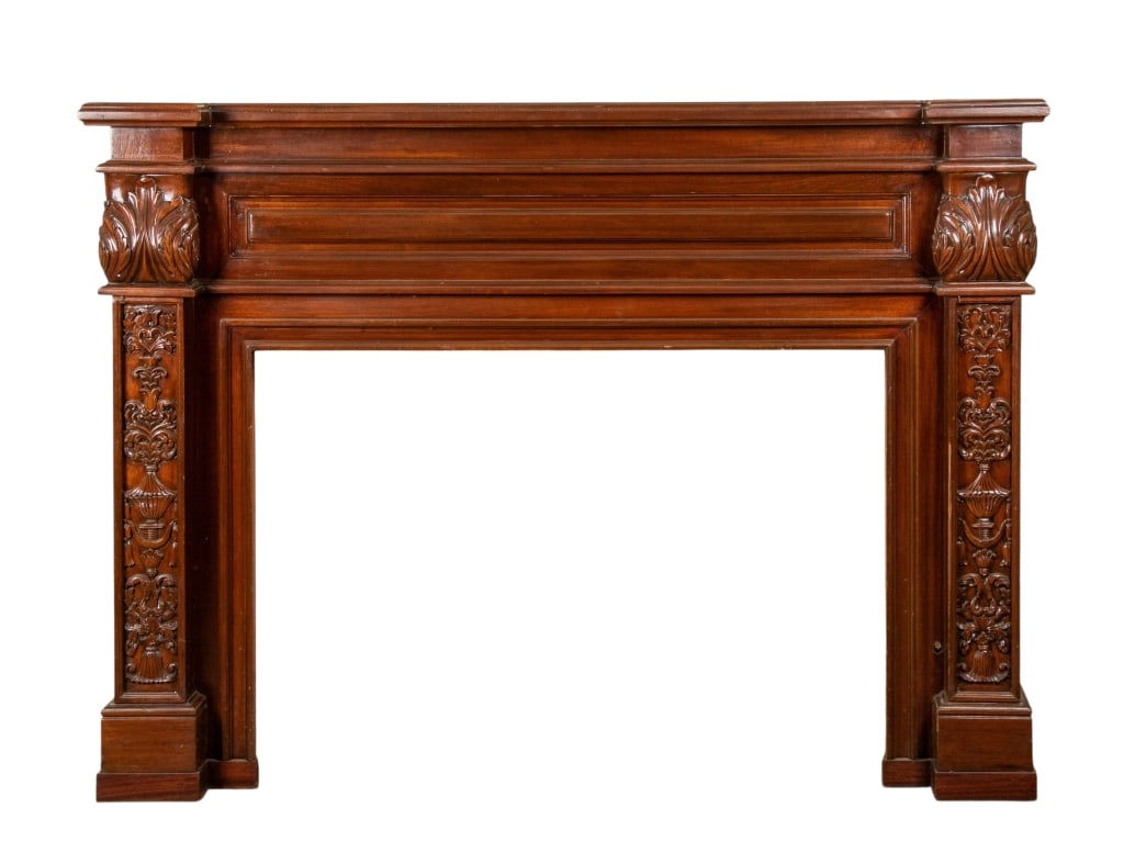 VINTAGE MAHOGANY FIREPLACE MANTLE: Vintage mahogany fireplace mantle. Approximate dimensions: h. 52", w. 71", d. 10" Disclaimer: Participating bidders must have a credit card on file with LiveAuctioneers in order for their bidding regi