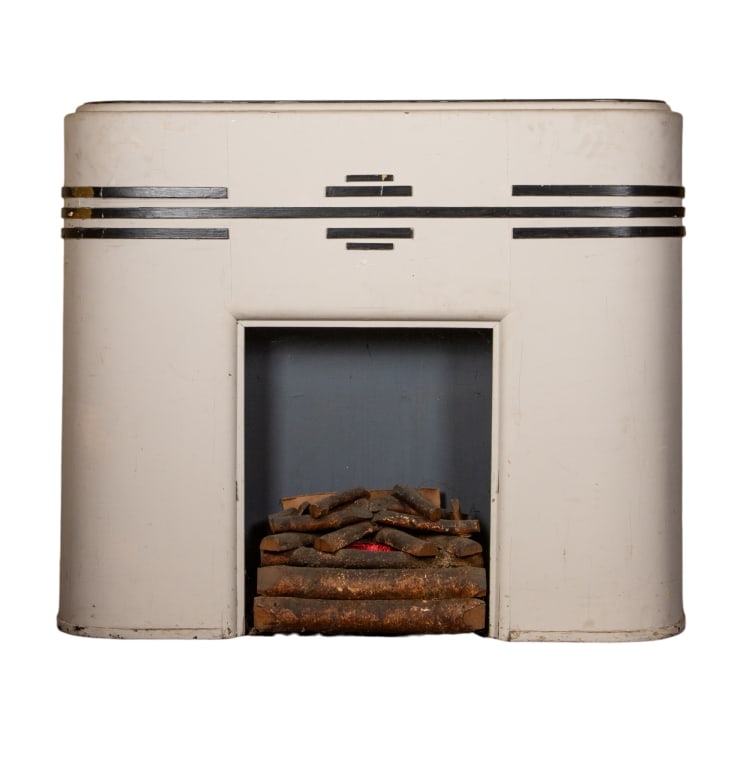 ART DECO STYLE FAUX FIREPLACE MANTLE: Art Deco style faux fireplace mantle. Approximate dimensions: h. 48.5", w. 55.5", d. 10" Disclaimer: Participating bidders must have a credit card on file with LiveAuctioneers in order for their biddi