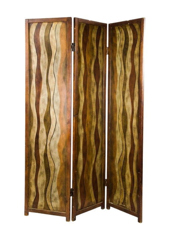 MID-CENTURY HAND-PAINTED ROOM DIVIDER: Mid-century hand-painted room divider with abstract wavy design. Approximate dimensions: h. 72", w. 55", d. 1.5" Disclaimer: Participating bidders must have a credit card on file with LiveAuctioneers