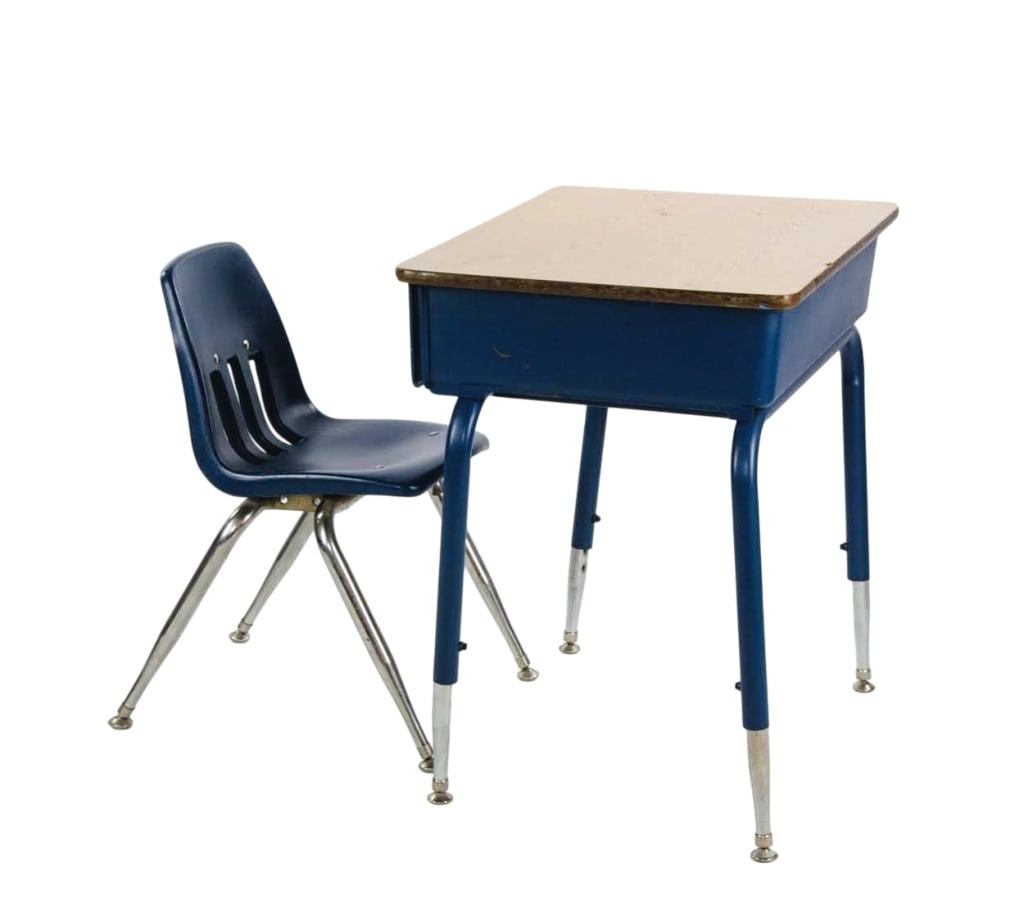 21 MID-CENTURY SCHOOL DESKS WITH CHAIRS: Photo for reference only. Cosmetic condition varies. Approximate dimensions: desk h. 29.25", w. 23.5", d. 17.75"; chair h. 23", w. 15", d. 17" Disclaimer: Participating bidders must have a credit card