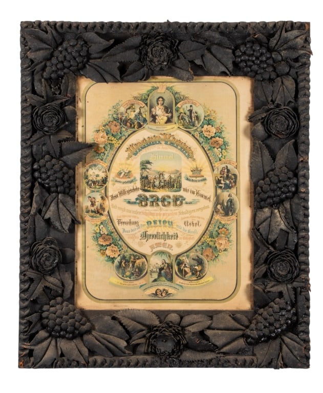 19TH C. GERMAN LORD?S PRAYER LITHOGRAPH: German, 1880. Lord's Prayer lithograph in leather tooled frame. Approximate dimensions: h. 35", w. 25", d. 1" Disclaimer: Participating bidders must have a credit card on file with LiveAuctioneers in