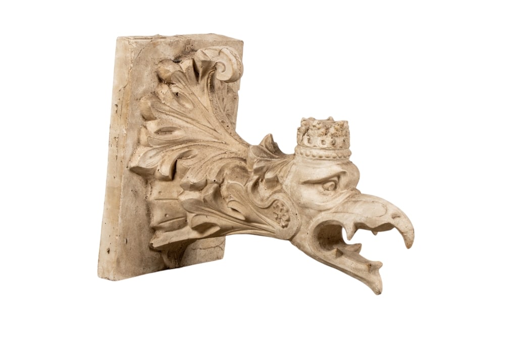 CARVED GARGOYLE WALL SCULPTURE: Carved gargoyle wall sculpture. Approximate dimensions: h. 16", w. 11", d. 19" Disclaimer: Participating bidders must have a credit card on file with LiveAuctioneers in order for their bidding