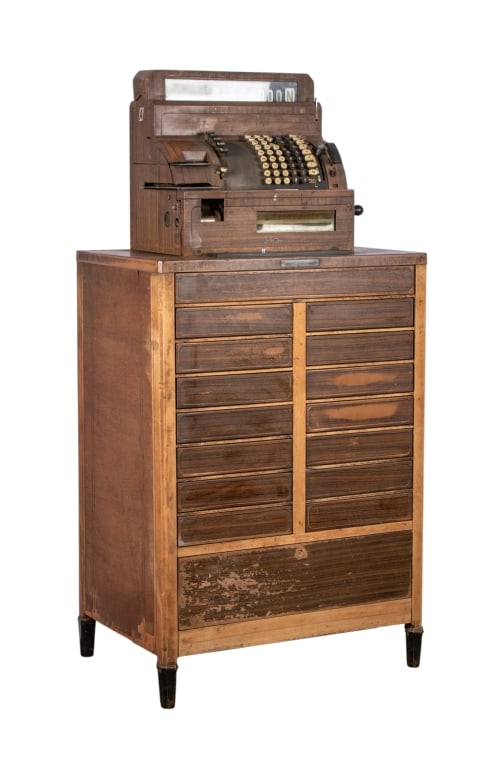 VINTAGE NATIONAL CASH REGISTER: Vintage National Cash Register with metal plaque showing model number. Approximate dimensions: h. 60", w. 29", d. 20.25" Disclaimer: Participating bidders must have a credit card on file with