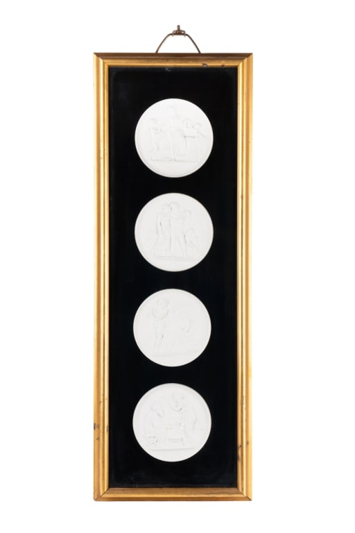 SET OF 4 ROYAL COPENHAGEN MOLDED PLAQUES: Set of 4 Royal Copenhagen molded plaques. Approximate dimensions: h. 32.5", w. 11.5", 1. 5" Disclaimer: Participating bidders must have a credit card on file with LiveAuctioneers in order for their