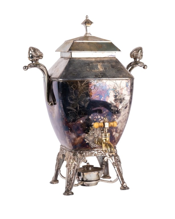 MERIDEN B. COMPANY SILVERPLATE SAMOVAR: Meriden B. Company silverplate samovar. Approximate dimensions: h. 15", w. 11", d. 5" Disclaimer: Participating bidders must have a credit card on file with LiveAuctioneers in order for their bidding