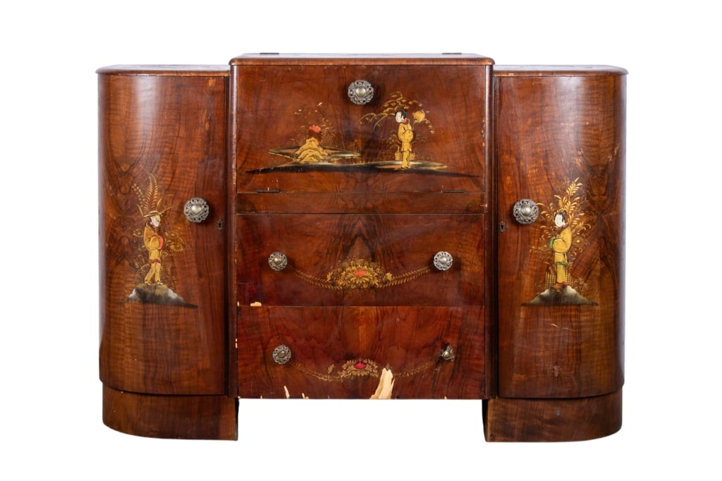 MID-CENTURY TURNIDGE BAR CABINET: Mid-century Turnidge bar cabinet with checkerboard design interior mirror, Asian motif details, cocktail picks, and two keys. Approximate dimensions: h. 38", w. 55", d. 19" Disclaimer: Participating