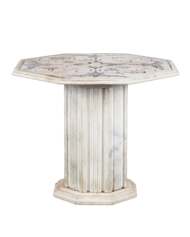 PIETRA DURA STYLE MARBLE ACCENT TABLE: Pietra dura style marble accent table with floral motif top and tapered base. Approximate dimensions: h. 19", w. 23.5", d. 23.5" Disclaimer: Participating bidders must have a credit card on file with