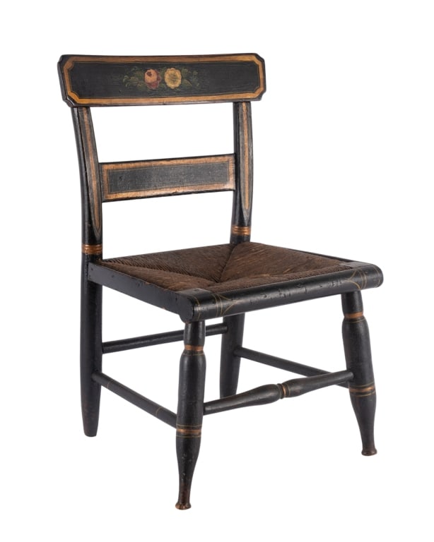 ANTIQUE HAND-PAINTED CHILD'S CHAIR: Antique hand-painted child’s chair. Approximate dimensions: h. 21.75", w. 13.75", d. 11" Disclaimer: Participating bidders must have a credit card on file with LiveAuctioneers in order for their bid