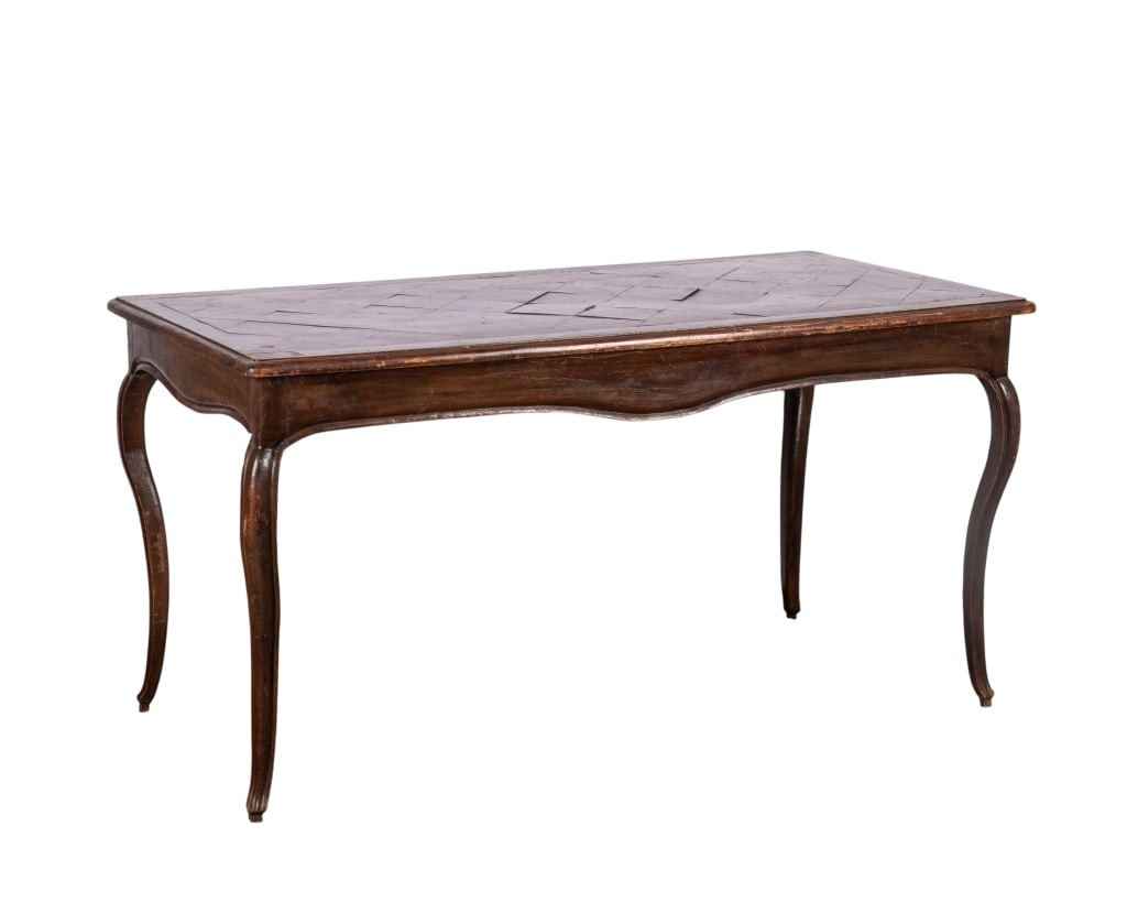 19TH C. LOUIS XIV STYLE TABLE WITH PARQUETRY TOP: 19th century. Louis XIV style wood table with parquetry top and cabriole legs. Approximate dimensions: h. 30", w. 58.5", d. 29.5" Disclaimer: Participating bidders must have a credit card on file