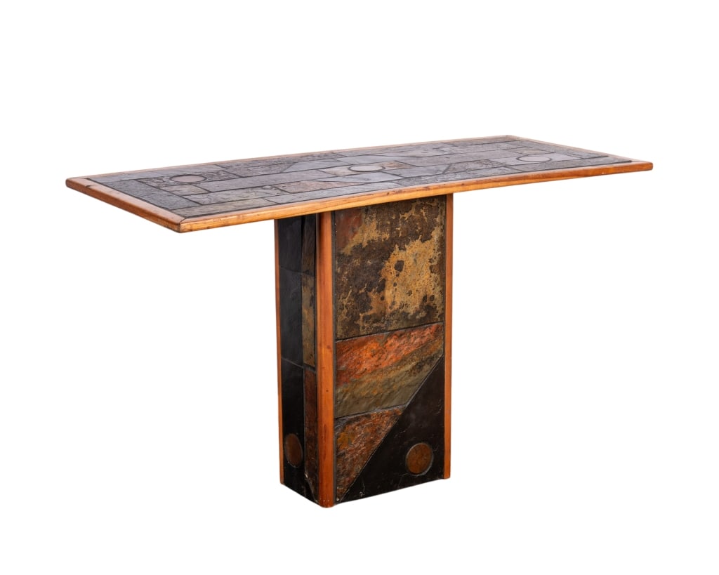 PAUL KINGMA STYLE TILE & WOOD CONSOLE TABLE: Paul Kingma style wood console table with mixed tile surface. Approximate dimensions: h. 37.5", w. 46.5", d. 20.5" Disclaimer: Participating bidders must have a credit card on file with
