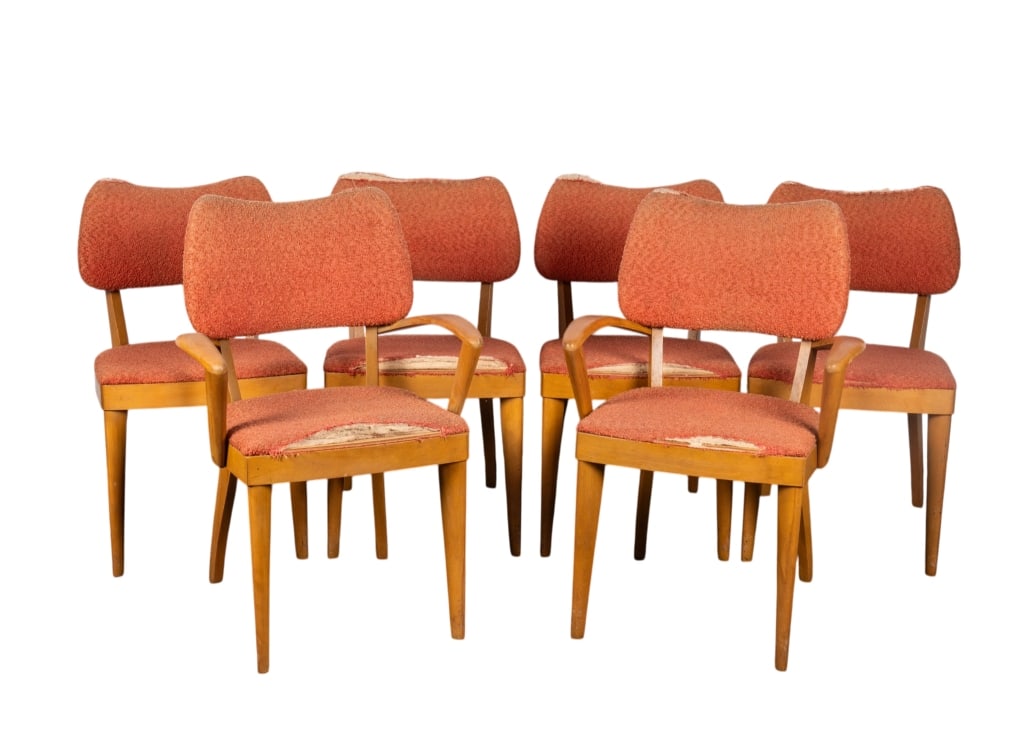 SET OF 6 HEYWOOD WAKEFIELD CHAIRS: Set of 6 Heywood Wakefield chairs including two armchairs and four chairs. Approximate dimensions: armchair - h. 33.5", w. 24", d. 21.5" Disclaimer: Participating bidders must have a credit card on