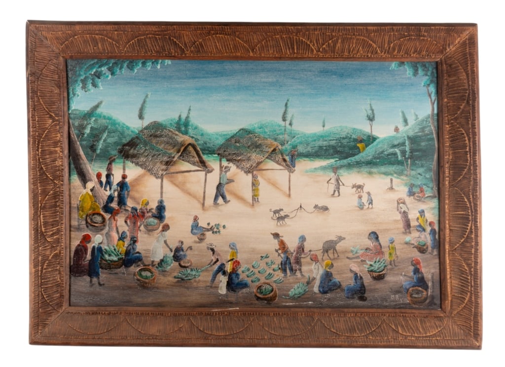 BOURMOND BYRON, PLANTAIN HARVEST, O/B: Bourmond Byron. "Plantain harvest" - O/B, signed to LR. Framed. Approximate dimensions: h. 31", w. 42", d. 2.5" Disclaimer: Participating bidders must have a credit card on file with LiveAuctioneers