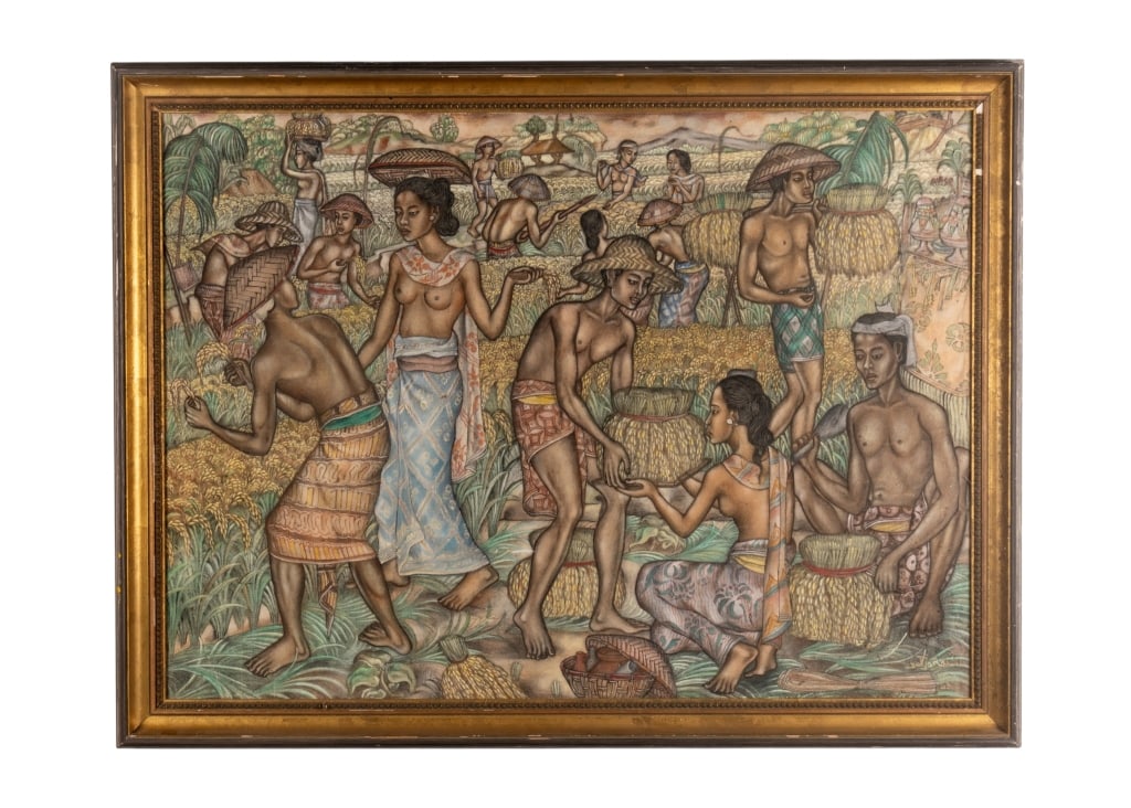 TRADITIONAL INDONESIAN HARVEST SCENE PAINTING, A/C: Traditional Indonesian artwork. Untitled, Harvest scene - acrylic on canvas, signed to LR, framed. Approximate dimensions: h. 33.75", w. 44.25", d. 2" Disclaimer: Participating bidders must have a