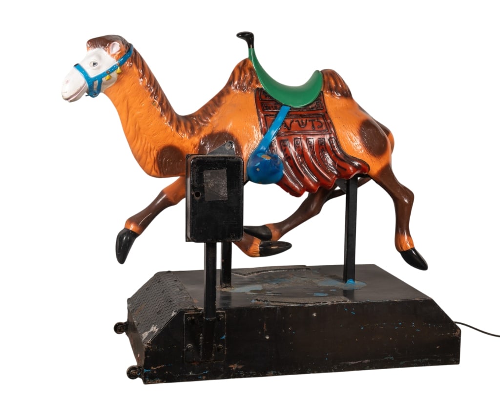 1950S CAMEL COIN OPERATED KIDDIE RIDE: 1950s Camel coin operated kiddie ride. Approximate dimensions: h. 50", w. 60", d. 32" Disclaimer: Participating bidders must have a credit card on file with LiveAuctioneers in order for their bidding