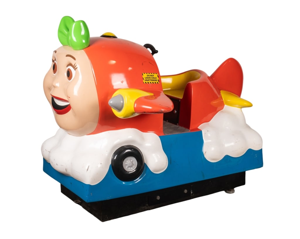 ORANGE JAY JAY THE JET COIN OPERATED KIDDIE RIDE: Orange Jay Jay The Jet coin operated kiddie ride. Approximate dimensions: h. 44", w. 55", d. 44" Disclaimer: Participating bidders must have a credit card on file with LiveAuctioneers in order for