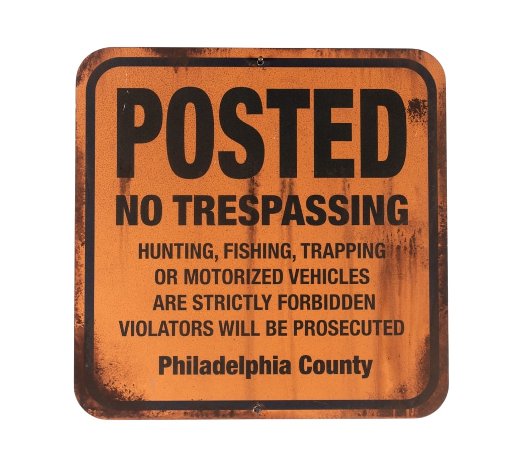 POSTED NO TRESPASSING SIGN: Posted no trespassing sign. Approximate dimensions: h. 16", w. 16" Disclaimer: Participating bidders must have a credit card on file with LiveAuctioneers in order for their bidding registration to be 