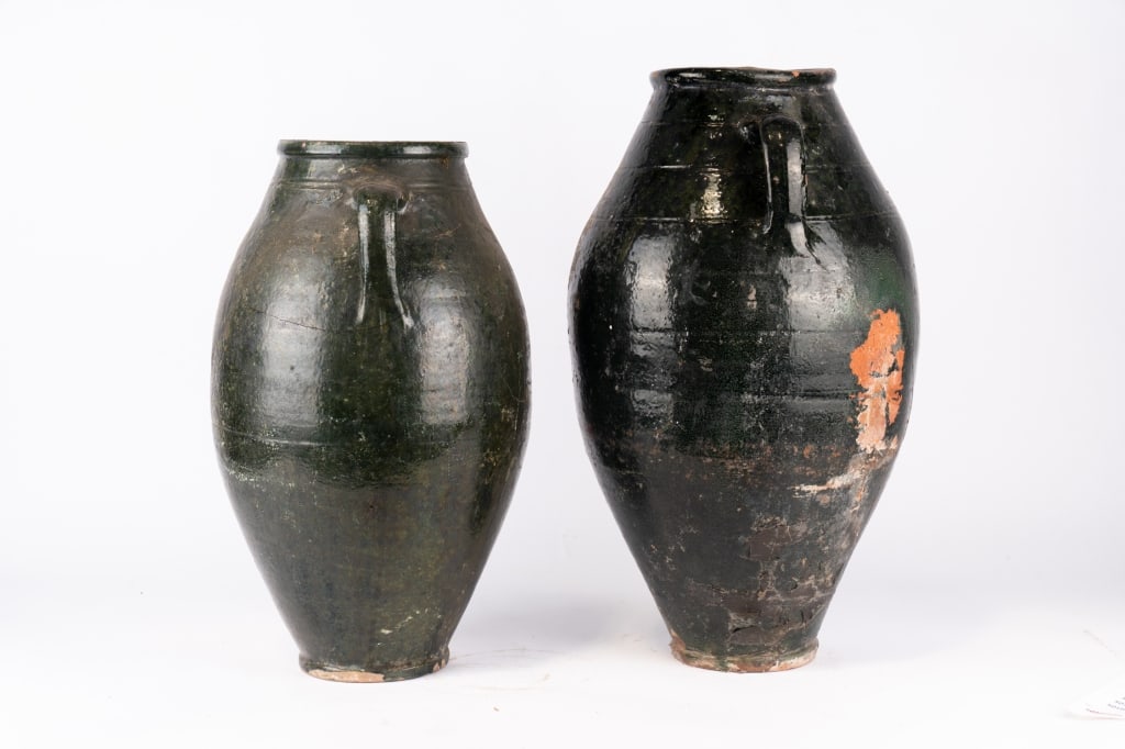 TWO VINTAGE GLAZED POTTERY VASES - 2